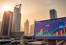 شاشة تداول أسهم تعرض بيانات السوق المالية، موضوعة أمام منظر مدينة حديثة، وقد تشير إلى تداول الأسهم المتوافقة مع الشريعة الإسلامية.