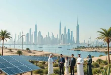 صورة تُظهر مزرعة شمسية في صحراء الخليج مع أفق مدينة حديثة في الخلفية، تعكس مبادئ ESG والاستثمار المستدام في السعودية