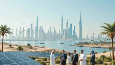 صورة تُظهر مزرعة شمسية في صحراء الخليج مع أفق مدينة حديثة في الخلفية، تعكس مبادئ ESG والاستثمار المستدام في السعودية