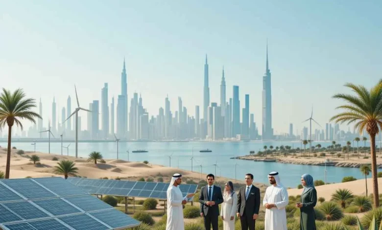 صورة تُظهر مزرعة شمسية في صحراء الخليج مع أفق مدينة حديثة في الخلفية، تعكس مبادئ ESG والاستثمار المستدام في السعودية