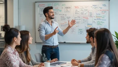 قائد يظهر الذكاء العاطفي من خلال تقديم عرض تفاعلي وتعبيرات إيجابية لفريق متنوع ومنتبه في غرفة اجتماعات عصرية، مع وجود لوح أبيض مليء بالملاحظات في الخلفية.