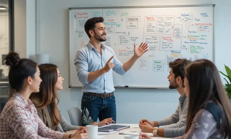 قائد يظهر الذكاء العاطفي من خلال تقديم عرض تفاعلي وتعبيرات إيجابية لفريق متنوع ومنتبه في غرفة اجتماعات عصرية، مع وجود لوح أبيض مليء بالملاحظات في الخلفية.